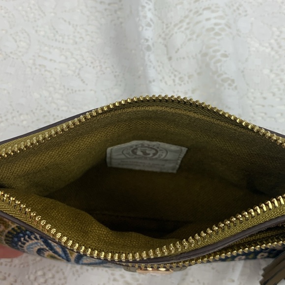Spartina Linen & leather Wristlet Pouch bag Paisley Blue Tan Boho Gold Zipper - Picture 6 of 13